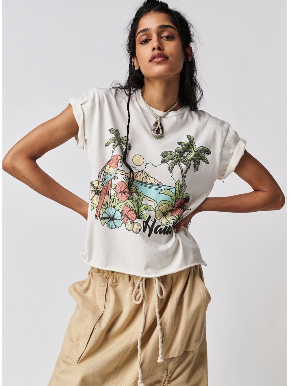 Free People Brand Off-White Tropical Graphic Tee - Hawaiian Design